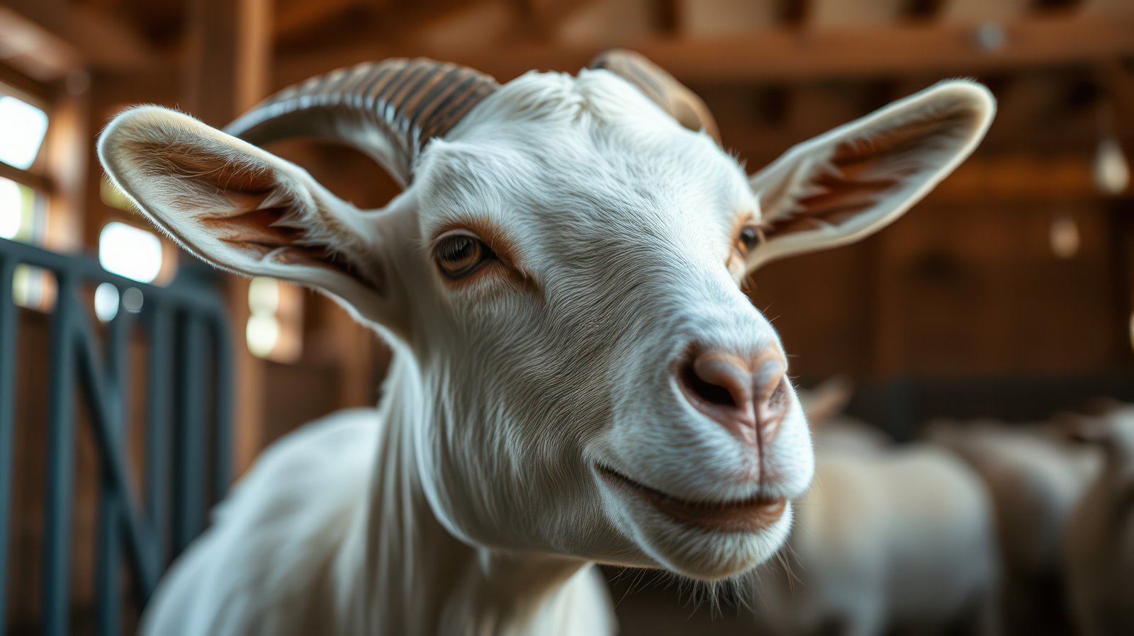 Goat in a barn looking content and curious among other farm animals during daylight hours